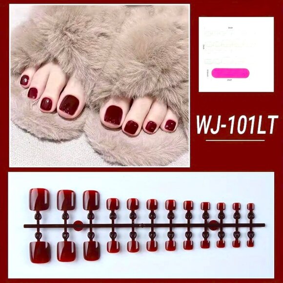 Nails Fake Deep Red Press On Toenails Short Stylish Trendy Glossy Reusable Glam - Picture 2 of 4